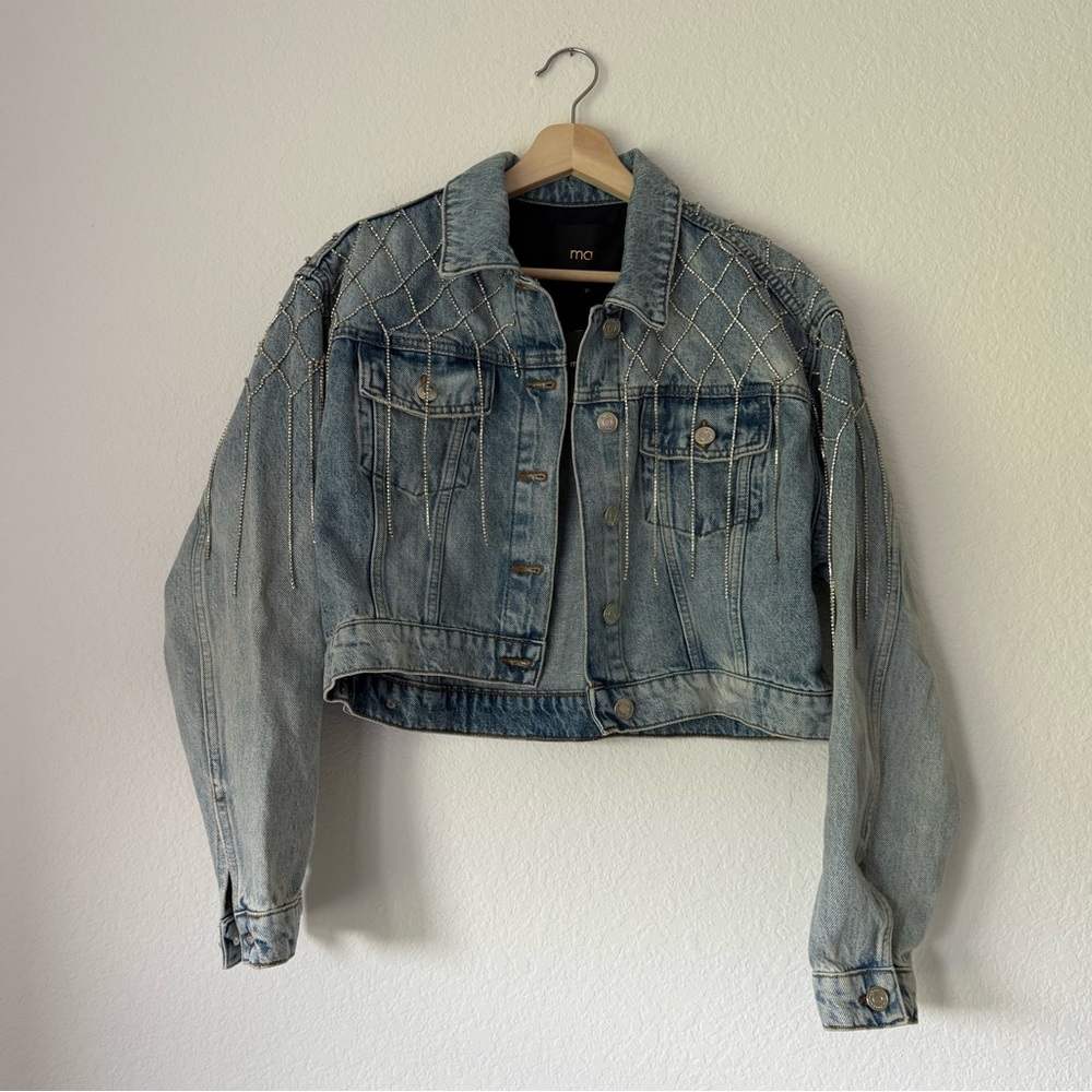 Maje Crystal-Embellished Cropped Denim Jacket